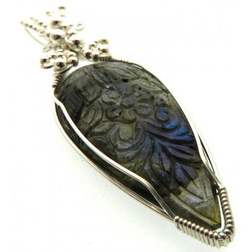 Hand Carved Labradorite Sterling Silver Wire Wrapped Pendant 01