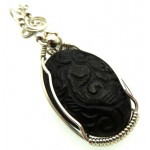 Hand Carved Silver Sheen Obsidian Sterling Silver Wire Wrapped Pendant 01