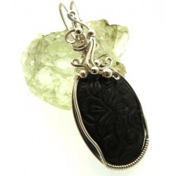 Hand Carved Silver Sheen Obsidian Sterling Silver Wire Wrapped Pendant 02