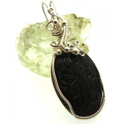 Hand Carved Silver Sheen Obsidian Sterling Silver Wire Wrapped Pendant 02