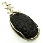 Hand Carved Silver Sheen Obsidian Sterling Silver Wire Wrapped Pendant 02