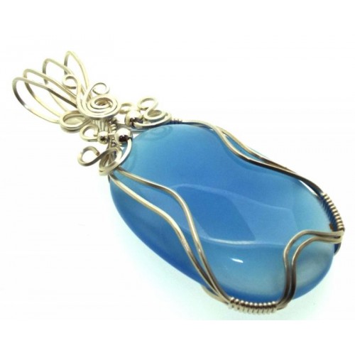 Blue Chalcedony Gemstone Sterling Silver Wire Wrapped Pendant 01