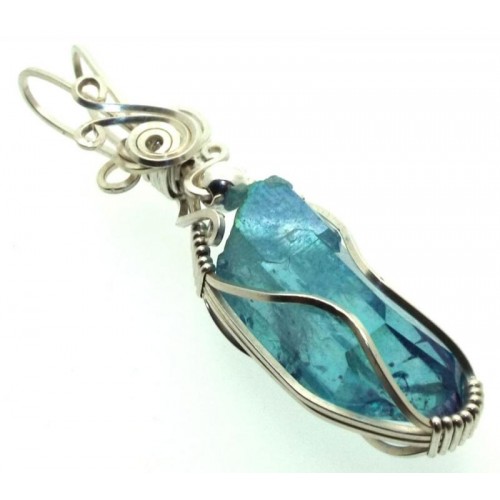 Aqua Aura Quartz Sterling Silver Wire Wrapped Pendant 08