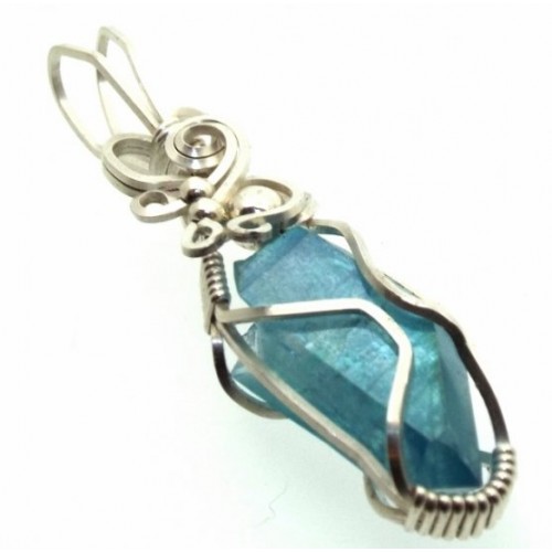 Aqua Aura Quartz Sterling Silver Wire Wrapped Pendant 03