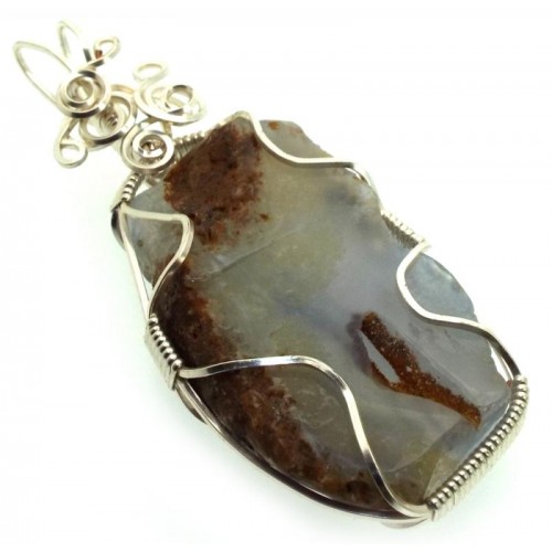 Natural Blue Lace Agate Silver Plated Wire Wrapped Pendant 01