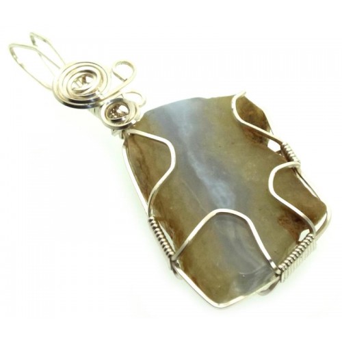 Natural Blue Lace Agate Silver Plated Wire Wrapped Pendant 04