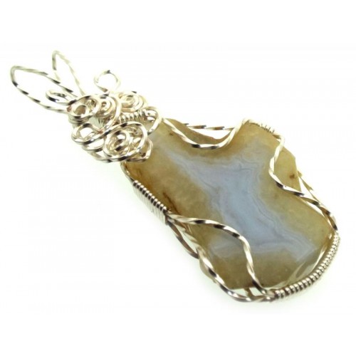 Natural Blue Lace Agate Silver Plated Wire Wrapped Pendant 05