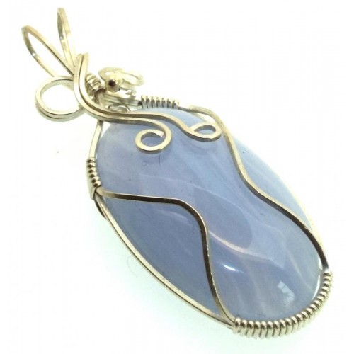 Blue Lace Agate Silver Plated Wire Wrapped Pendant 07