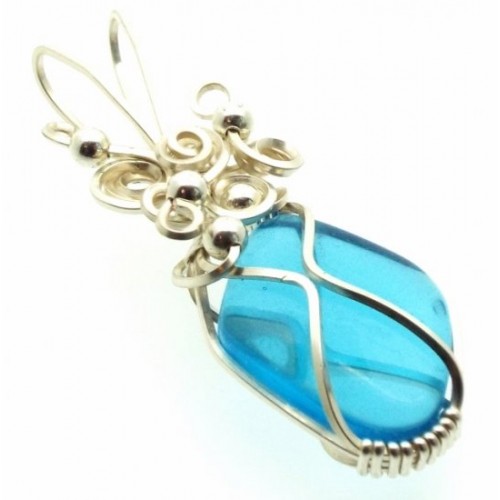Blue Obsidian Silver Filled Wire Wrapped Pendant 05