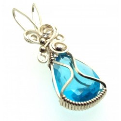 Blue Topaz Faceted Gemstone Sterling Silver Wire Wrapped Pendant 02