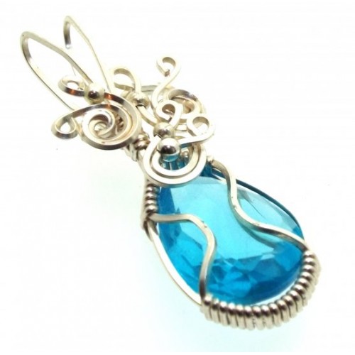 Blue Topaz Faceted Gemstone Sterling Silver Wire Wrapped Pendant 03
