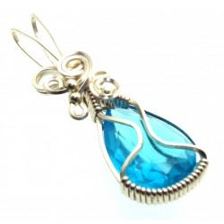 Blue Topaz Faceted Gemstone Sterling Silver Wire Wrapped Pendant 04