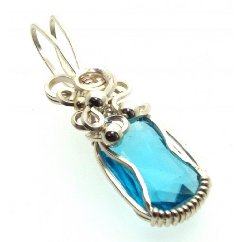 Blue Topaz Faceted Gemstone Sterling Silver Wire Wrapped Pendant 05