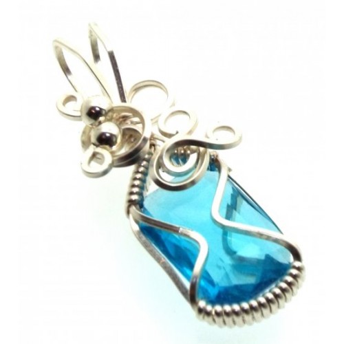 Blue Topaz Faceted Gemstone Sterling Silver Wire Wrapped Pendant 07