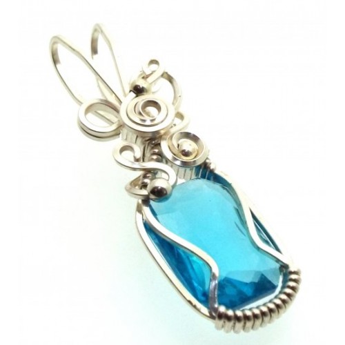 Blue Topaz Faceted Gemstone Sterling Silver Wire Wrapped Pendant 08