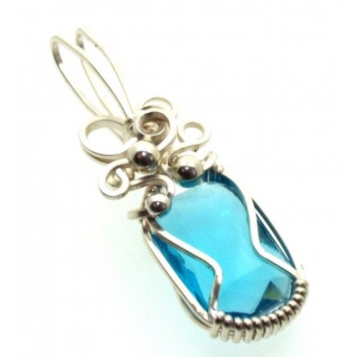 Blue Topaz Faceted Gemstone Sterling Silver Wire Wrapped Pendant 09