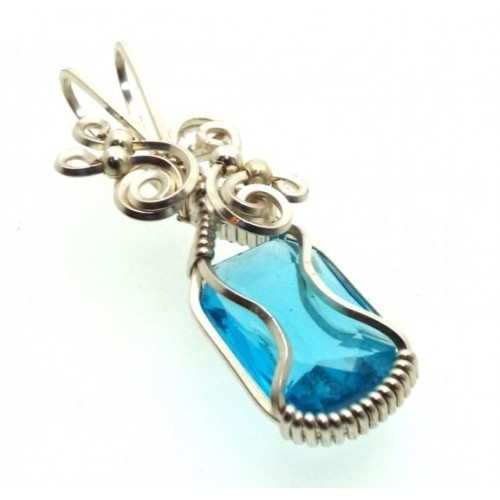 Blue Topaz Faceted Gemstone Sterling Silver Wire Wrapped Pendant 10