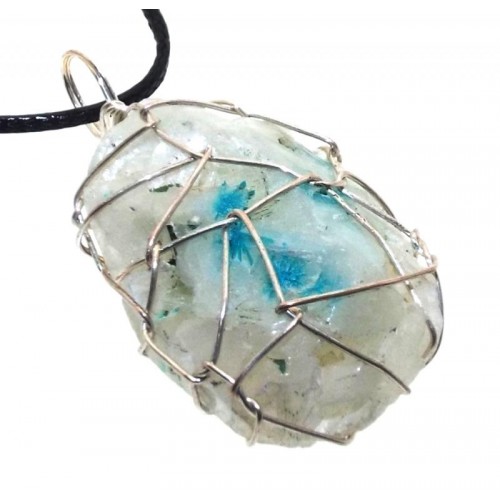 Cavansite Silver Plated Wire Wrapped Pendant 01