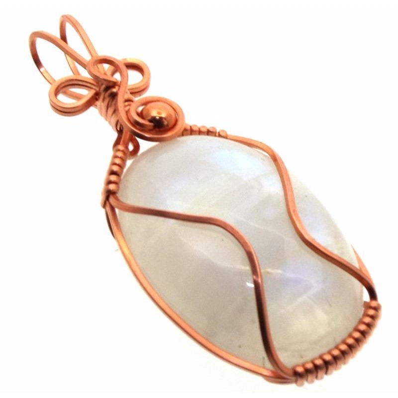 Rainbow Moonstone and Blue Topaz Copper Wire Wrapped Pendant