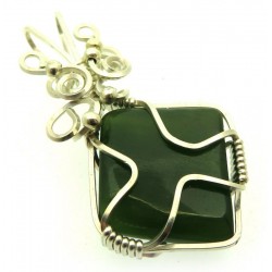 Nephrite Jade Gemstone Silver Plated Wire Wrapped Pendant 01