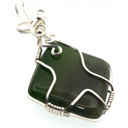 Nephrite Jade Gemstone Silver Plated Wire Wrapped Pendant 03