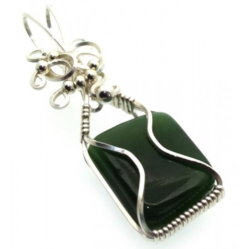 Nephrite Jade Gemstone Silver Plated Wire Wrapped Pendant 06