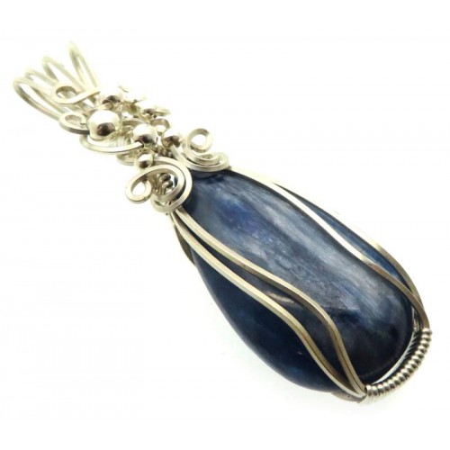 Blue Kyanite Gemstone Sterling Silver Wire Wrapped Pendant 02