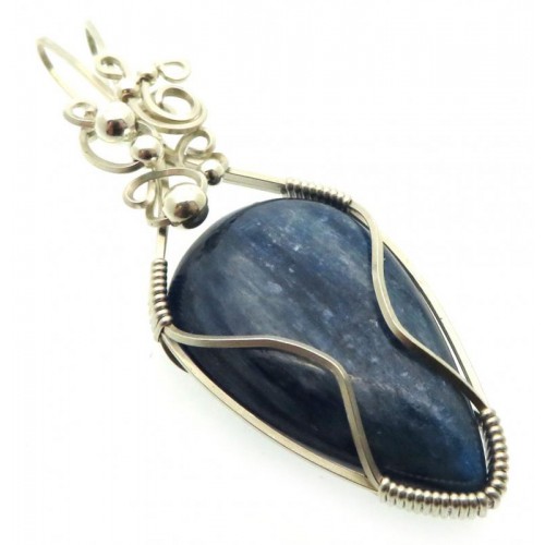 Blue Kyanite Gemstone Sterling Silver Wire Wrapped Pendant 03