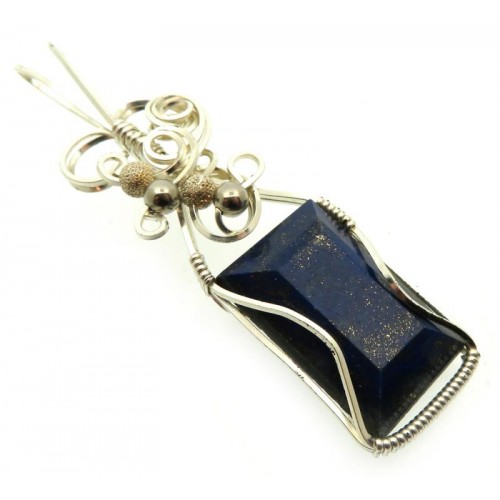 Lapis Lazuli Gemstone Silver Plated Wire Wrapped Pendant 04