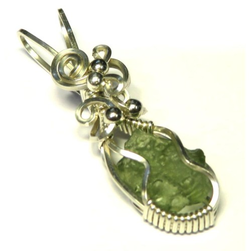 Moldavite Gemstone Sterling Silver Wire Wrapped Pendant 06