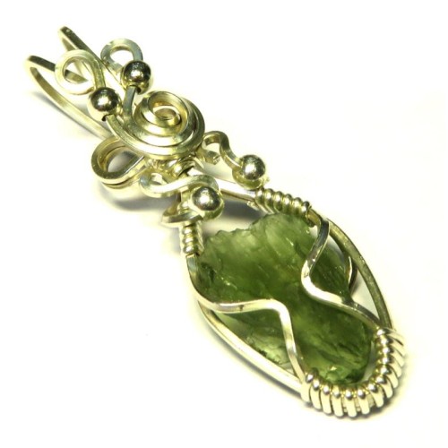 Moldavite Gemstone Sterling Silver Wire Wrapped Pendant 09