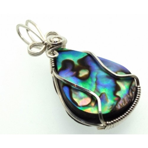 Paua Shell Silver Filled Wire Wrapped Pendant 03