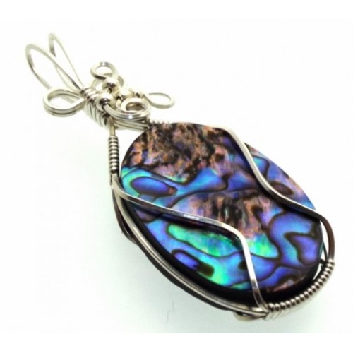 Paua Shell Silver Filled Wire Wrapped Pendant 06