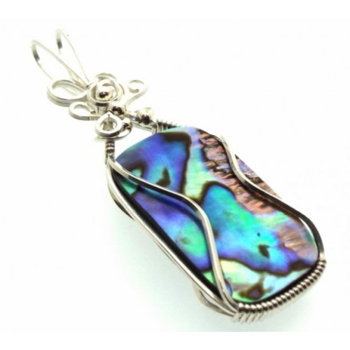 Paua Shell Silver Filled Wire Wrapped Pendant 09