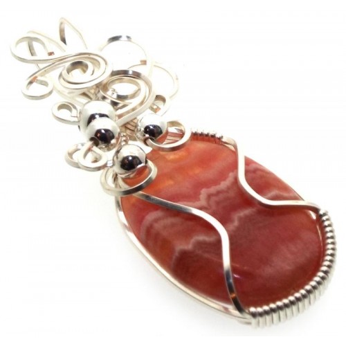 Rhodochrosite Gemstone Silver Plated Wire Wrapped Pendant 08