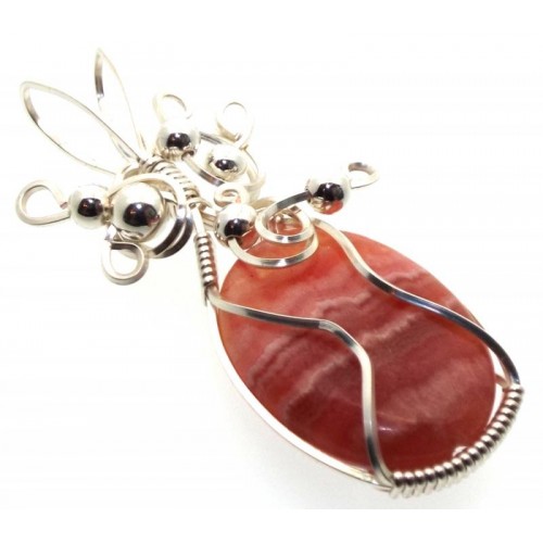 Rhodochrosite Gemstone Silver Plated Wire Wrapped Pendant 12