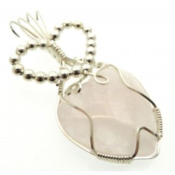 Rose Quartz Gemstone Heart Silver Plated Wire Wrapped Pendant