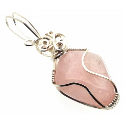 Rose Quartz Gemstone Silver Plated Wire Wrapped Pendant 06