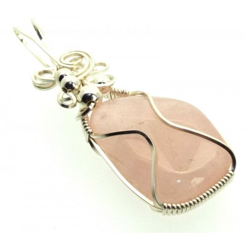 Rose Quartz Gemstone Silver Plated Wire Wrapped Pendant 08