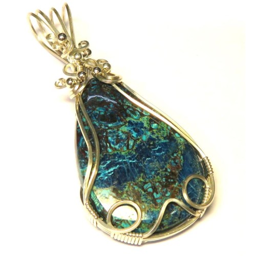 Shattuckite Gemstone Sterling Silver Wire Wrapped Pendant 01