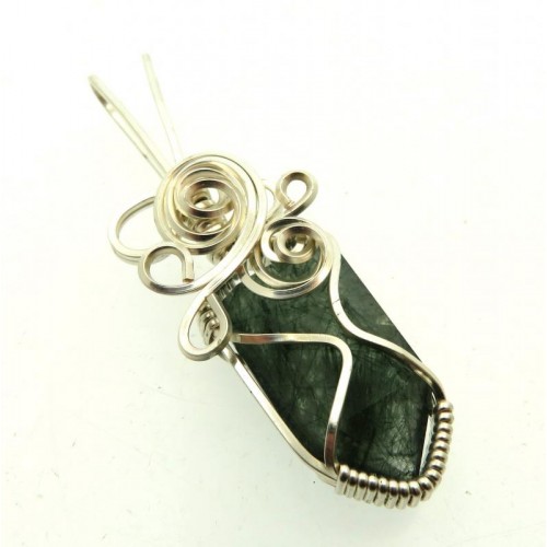 Green Tourmalated Quartz Silver Plated Wire Wrapped Pendant 01