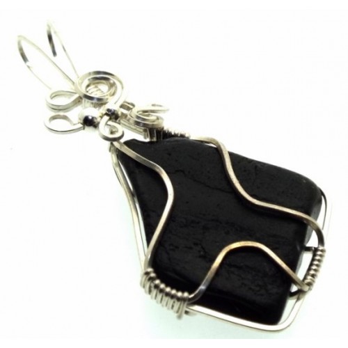Whitby Jet Sterling Silver Wire Wrapped Pendant 02